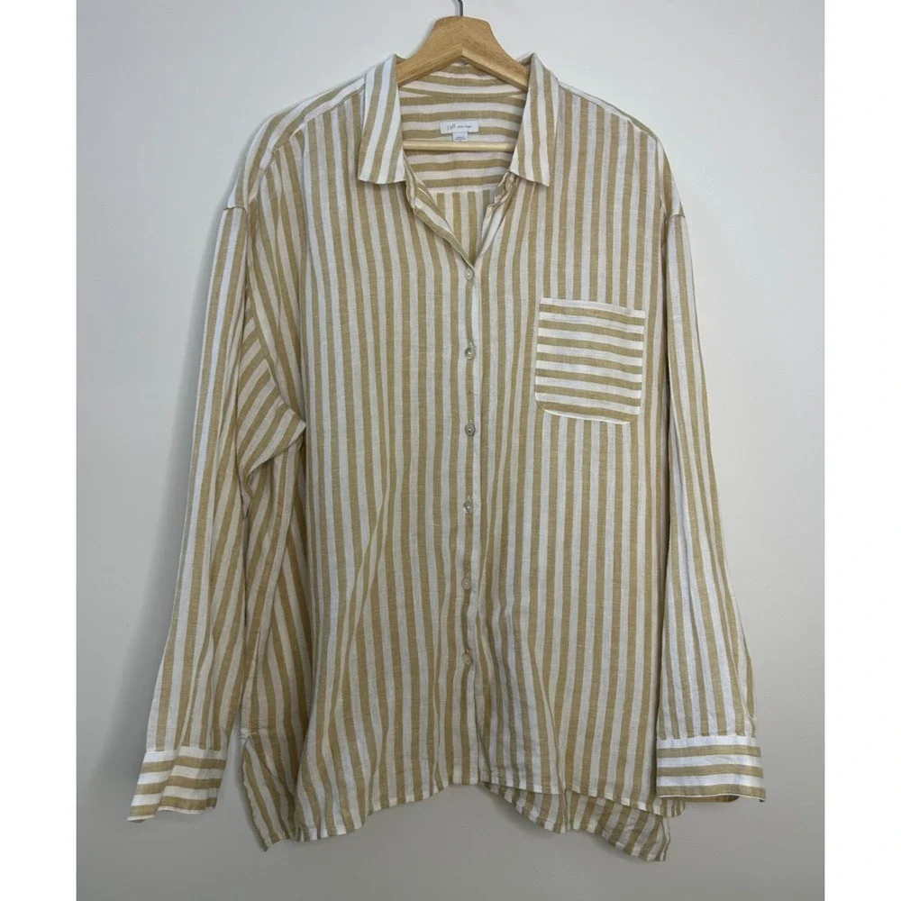 J Jill Love Linen Tan White Striped Button Up Pocket Shirt XL Lagonlook Coastal - Picture 2 of 12